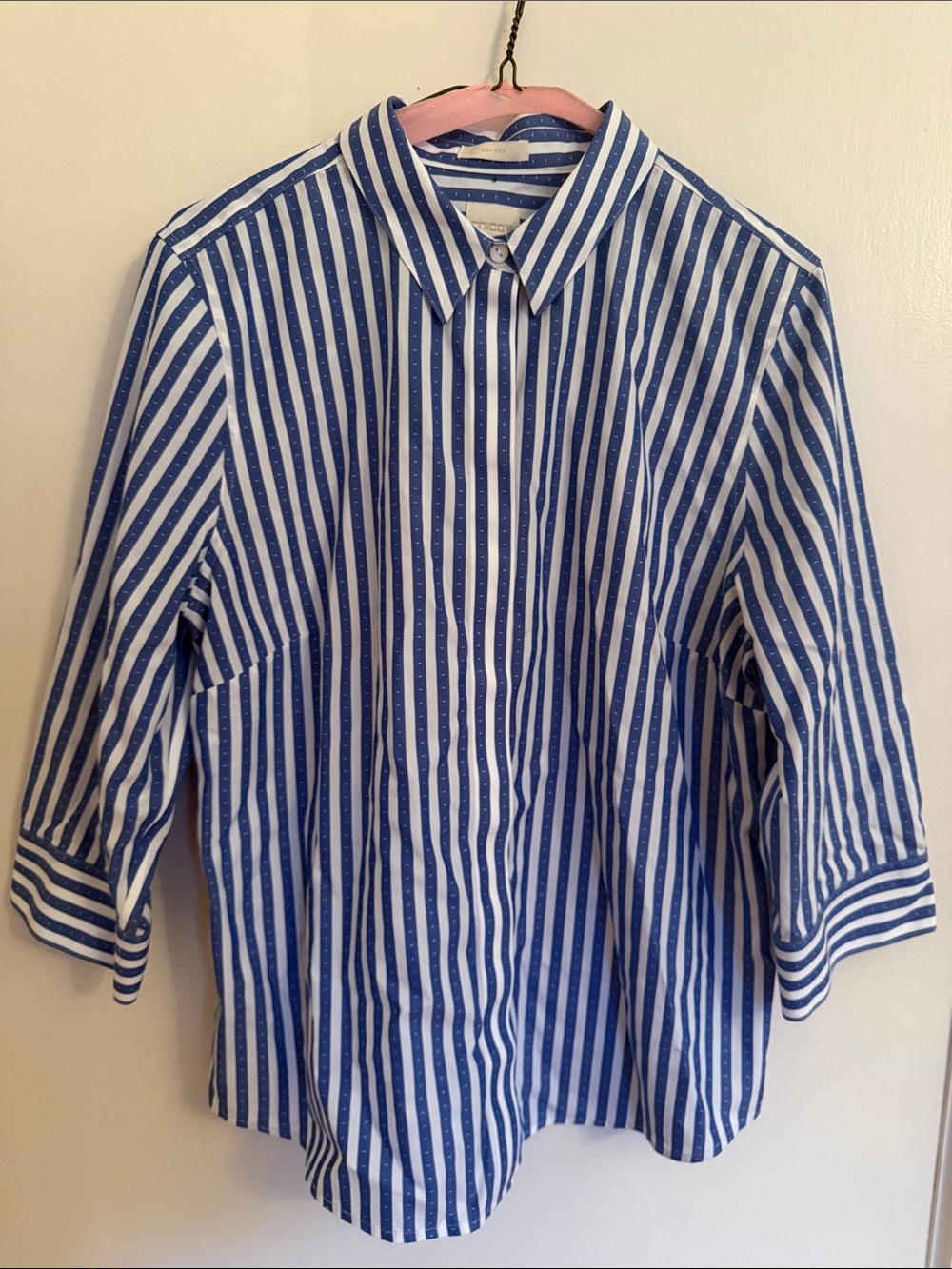 Chico's 2  Blue and White Vertical Stripe Button-Down Shirt Buttons on back